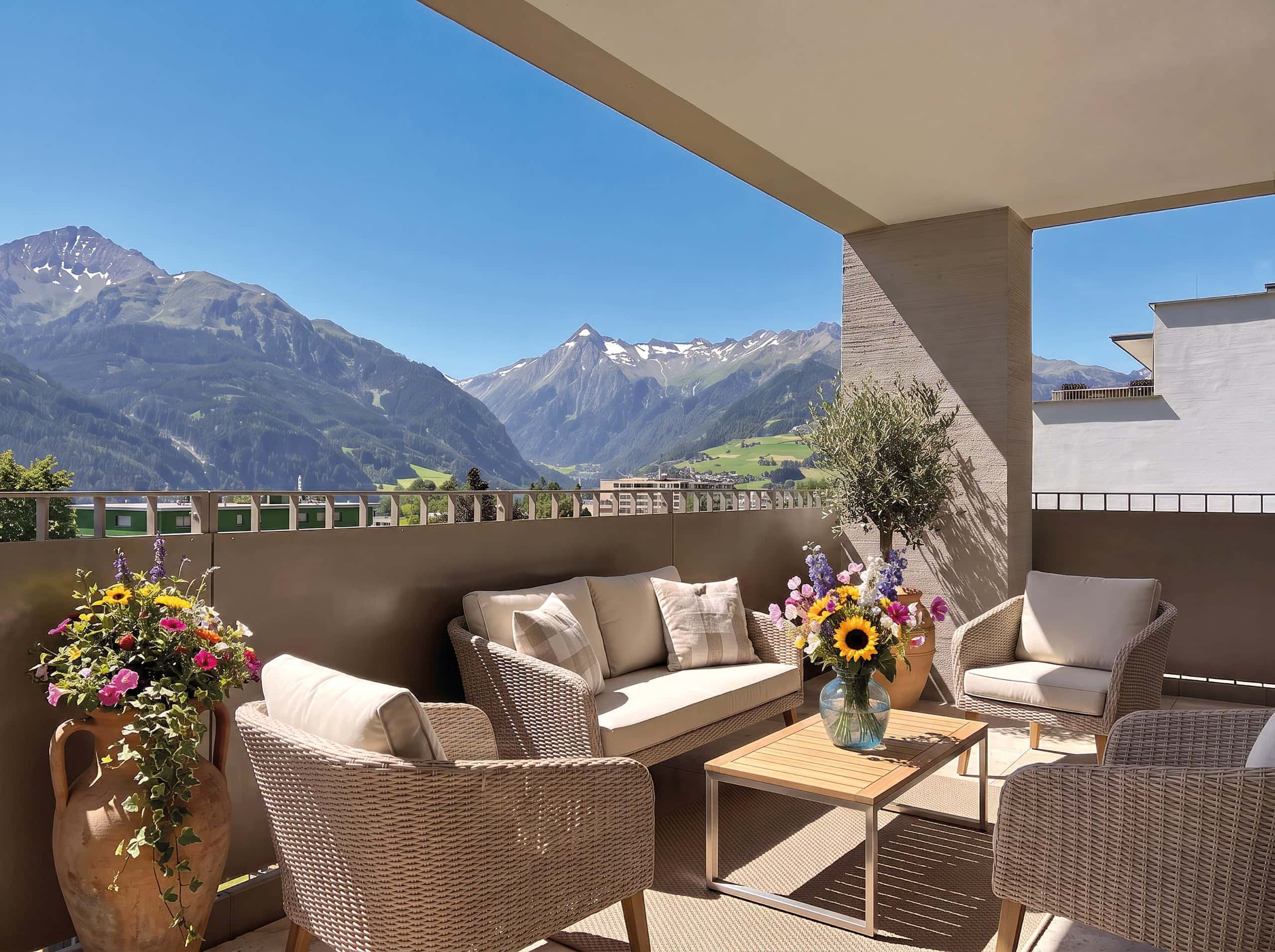 Etage kaufen in Zell am See — fantastischer Ausblick von der Süd-Loggia zum Kitzsteinhorn (Bild mit KI bearbeitet)