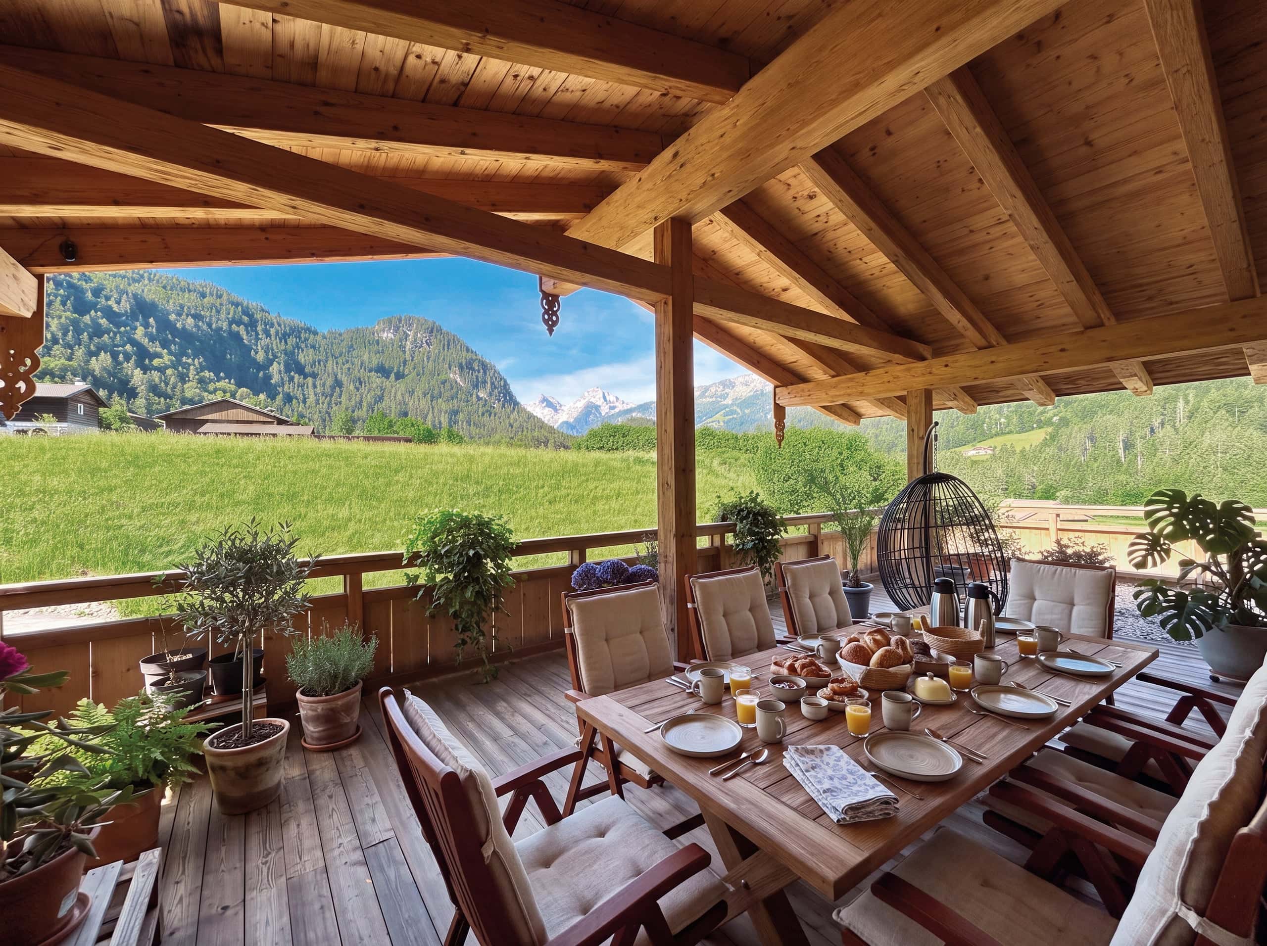 überdachte Terrasse mit Ausblick in die Natur