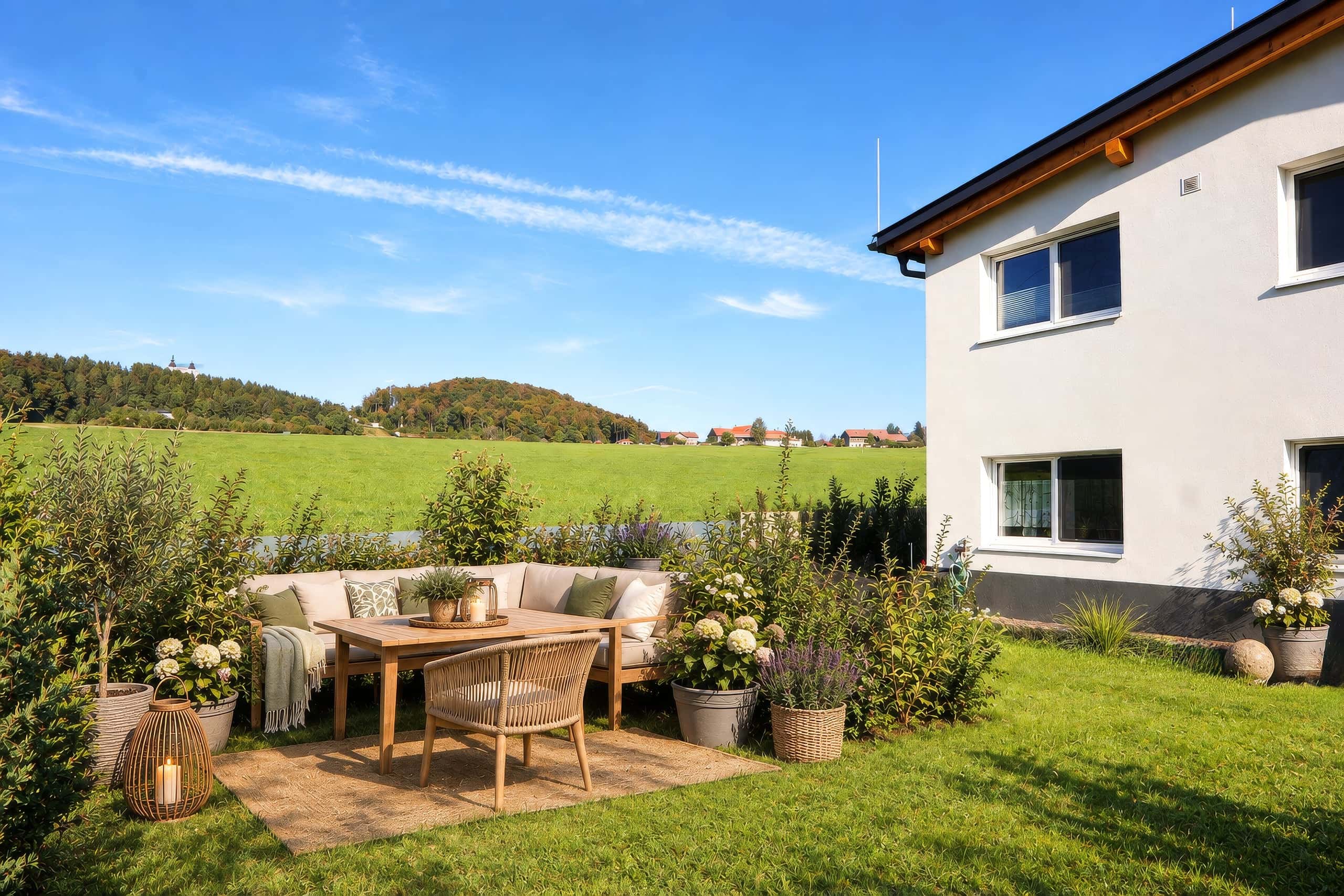 Terrassen kaufen in Bergheim — wunderschöner sonniger Garten mit Blick nach Maria Plain